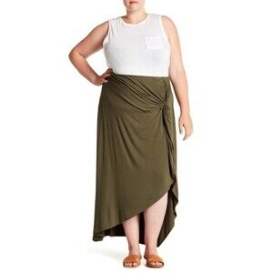Bobeau Women's Ruched Pull On Hi Lo Maxi Skirt In Army Green Plus Size 3X